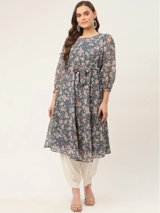 Women Grey & White Georgette Floral Printed Kurta-S / Grey