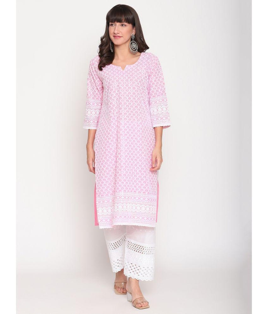 Queenley - Pink Cotton Women's Straight Kurti ( Pack of 1 ) - L