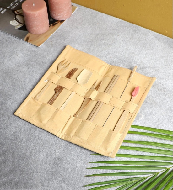 Bamboo Utility Set with Pouch. Includes Toothbrush, Straw, Cutlery and Cleaner