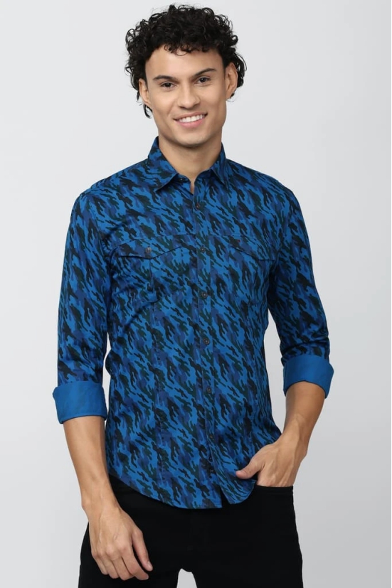 Men Blue Super Slim Fit Print Full Sleeves Casual Shirt