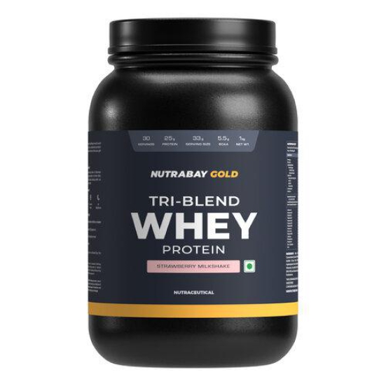 Nutrabay Gold Tri Blend Whey Protein Powder - 1kg, Strawberry Milkshake | 25g Protein, 5.5g BCAA | Concentrate, Isolate, Hydrolyzed Protein | Muscle Growth & Recovery | Gym Supplement for Men & Women