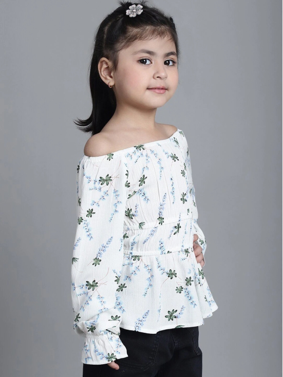 MINI & MING Girls Floral Printed Off-Shoulder Puff Sleeves Gathered Bardot Top