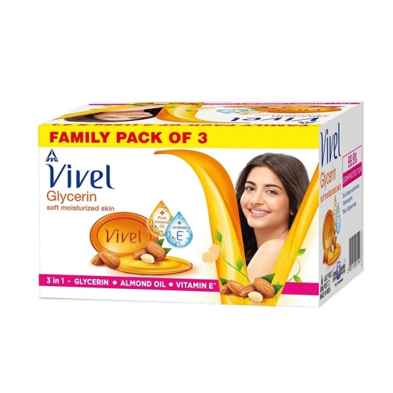 Vivel Glycerin Soft Moisturized Skin Bathing Soap Bar 125 gm x Pack of 3, Box