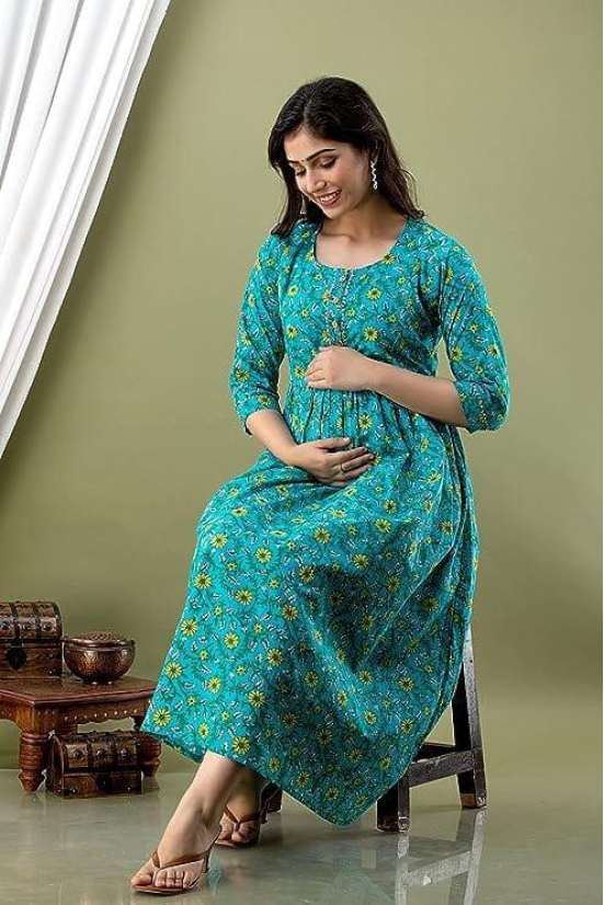 KASHVI Creation Women's Cotton Floral Printed Anarkali Maternity Feeding Kurti-Sky Blue