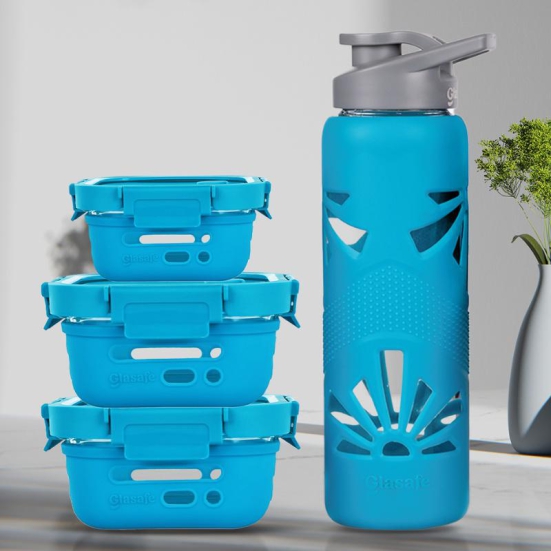 Trio Grip Combo (Clear Grip bottle, 320ml Tiffin, 520ml Tiffin)-Tranquil Teal