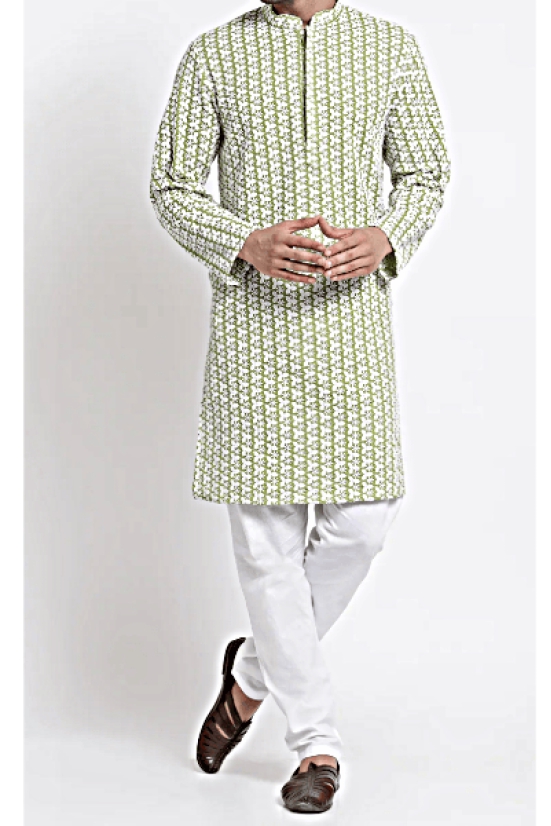 Men's Green Cotton Chikan Kurta