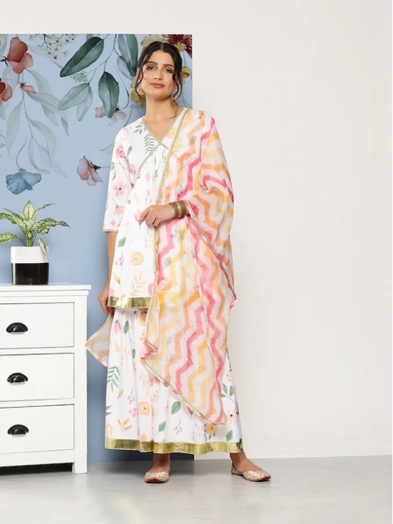 Women White Floral Printed Pleated Kurta with Sharara & With Dupatta