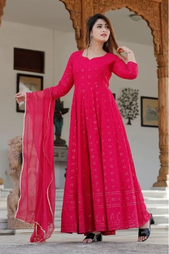 Pink Chikankari Anarkali Suit Set Pink L