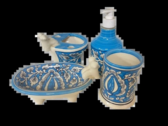 KHURJA POTTERY Bathroom set Mughal painting Sky Blue New SO4