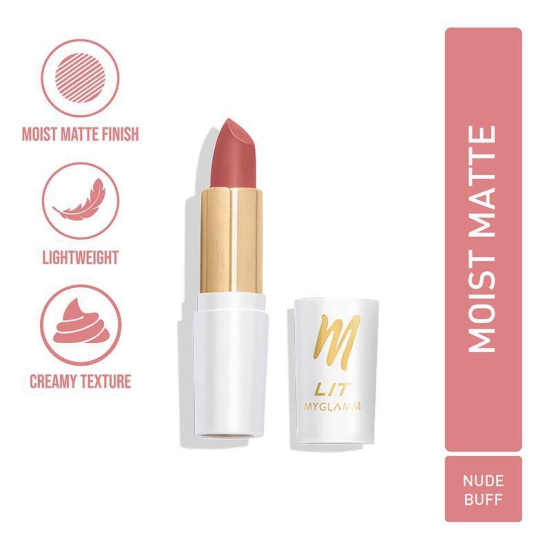 MyGlamm LIT Moist Matte Lipstick - Nude Buff (Peach Pink Shade) | Long Lasting, Pigmented, Hydrating Lipstick with Moringa Oil and Vitamin E