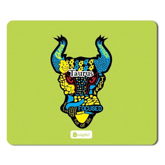 Indigifts Zodiac Sign Designer Mousepad Multicolor Earth Pattern With Taurus Cattle Face Green Mouse Pad 8.5x7 Inches - Taurus Zodiac Mousepad for Laptop, Zodiac Mouse Pad, Sun Sign-Star Sign Gifts