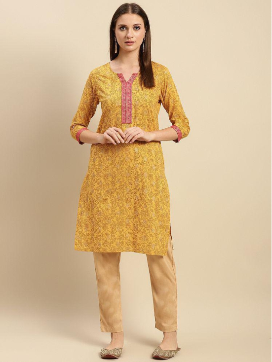 Rangita Women 100% Cotton Yellow Contrast Placket Floral Printed Knee Length Straight Kurti - None