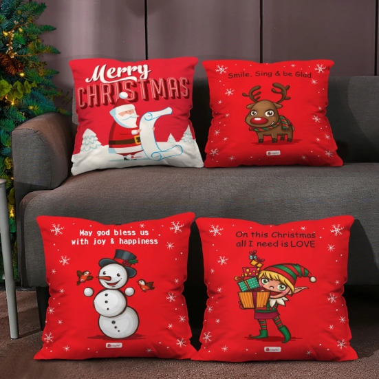 Indigifts Merry Christmas Characters Cushion Covers for House (16x16 Inches; Red) -Set of 4 - Christmas Cushion, Xmas Decorations, Christmas Pillow, Christmas Decorations for House