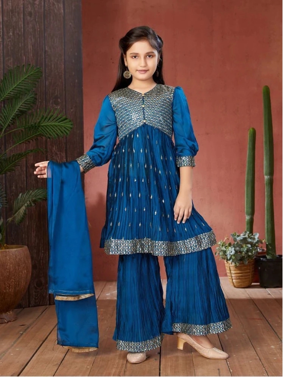 Aarika Teal Georgette Girls Kurta and Sharara Set ( Pack of 1 ) - None