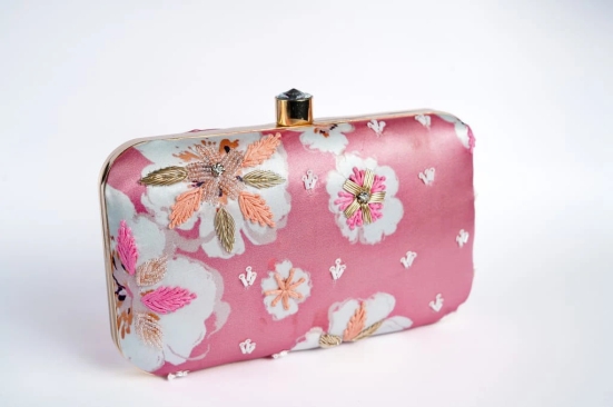 PINK WOMEN SILK SATIN FABRIC HAND EMBROIDED CLUTCH CUM SLING BAG