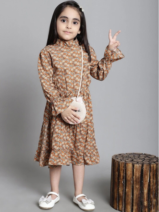 MINI & MING Girls Floral Print Mock Neck Bell Sleeves Crepe Shirt Midi Dress