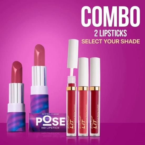 MyGlamm Combo of POSE HD Lipstick + Velvet Matte Liquid Lipstick | Matte Finish HD Lipstick & Hydrating, Creamy, Full Coverage Liquid Lipstick