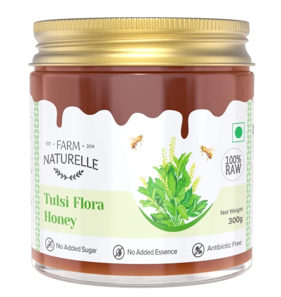 Farm Naturelle Tulsi Forest Flower Wild Honey 300gm|100% Pure Honey | Raw & Unfiltered|Unprocessed|Lab Tested Honey In Glass Jar with Engraved Virgin Wooden Spoon