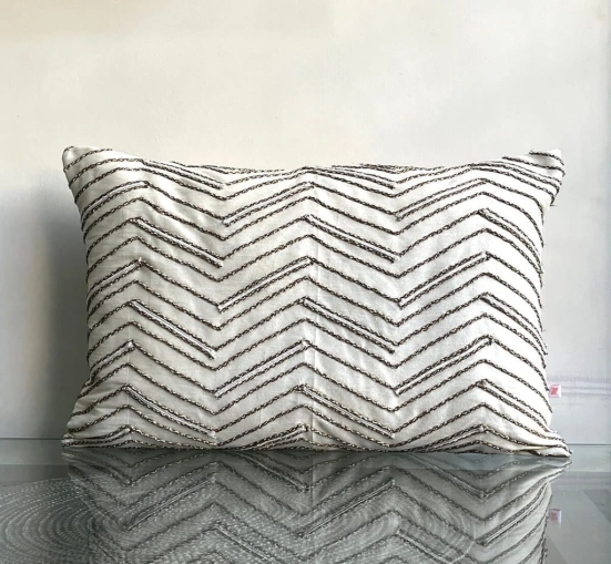 Hand Embroidered Metallic Zig Zag Lines Pattern Art Silk Cream Lumbar Cushion Cover Size 12x18