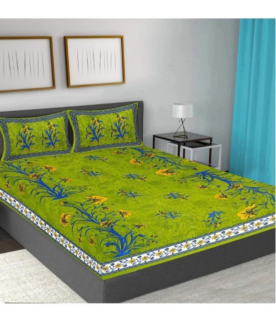 FrionKandy Living Cotton Abstract Double Bedsheet with 2 Pillow Covers - Green - Green