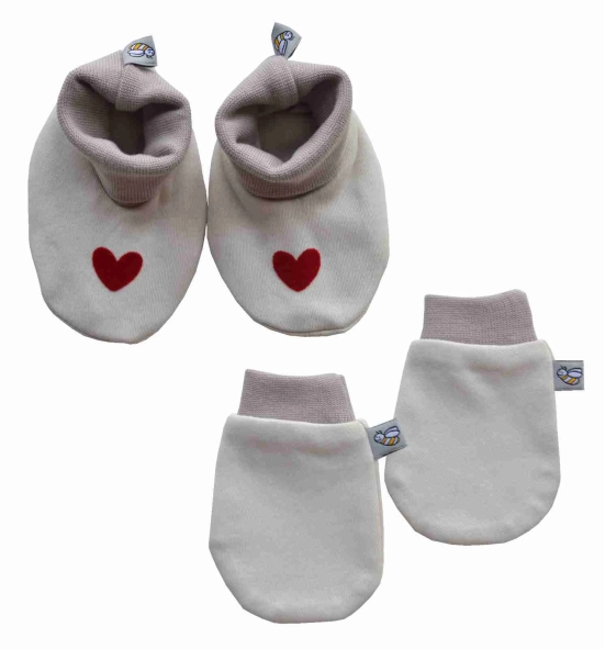 Cream Bootie printed with heart+Mitten Set (100% Cotton Interlock)