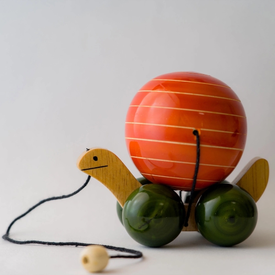 Wooden Pull-Along Tortoise Toy-Orange & Green