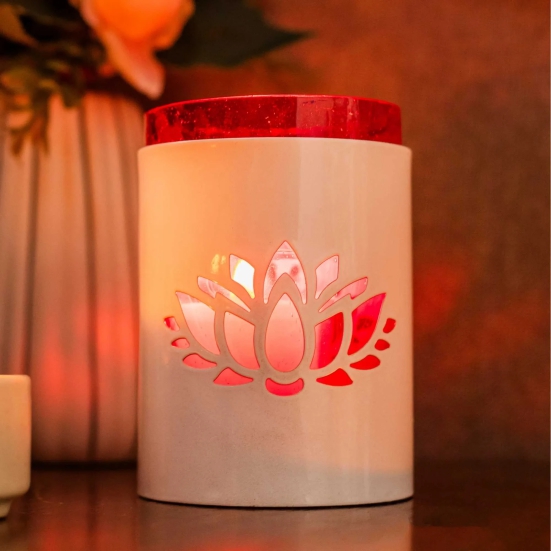 Lotus Cut Metal Glass Votive White and Red Glass