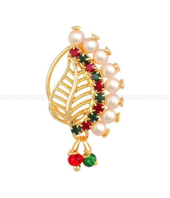 Vivastri Gold Plated Red Stone with Peals Alloy Maharashtrian Nath Nathiya./ Nose Pin for Women &Girls VIVA1016NTH-Press - Multi Color