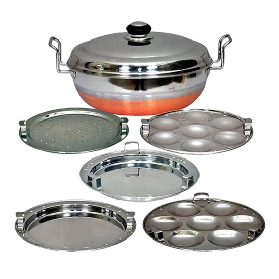 Softel Stainless Steel Copper Bottom Multi Kadai with 5 Plates | Induction Compatible | Idli, Dhokla, Patra & Momos Maker