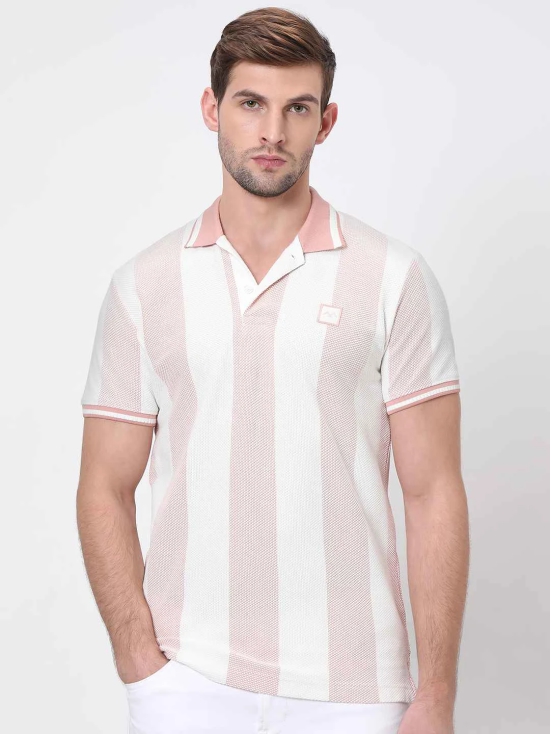 Peach Textured Stripe Slim Fit Polo T-Shirt