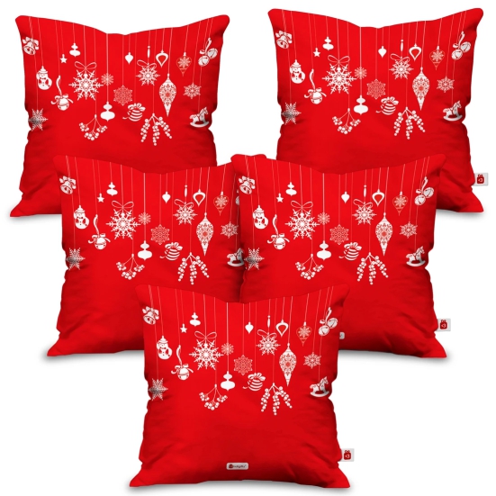 Indigifts Christmas Gifts Decorative Festive Ornaments and Charms Printed Red Set of 5 Cushion Cover 16x16 inches - Christmas Cushion, Christmas Decorations for House, Xmas Decorations