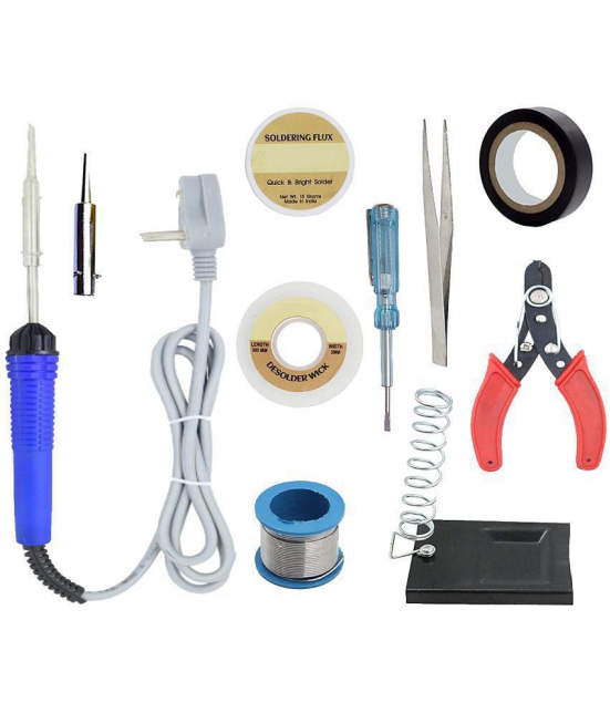 ALDECO: ( 10 in 1 ) Soldering Iron Kit contains- Blue Iron, Wire, Flux, Wick, Stand, Cutter, Tester, Tape, Tweezer, Bit