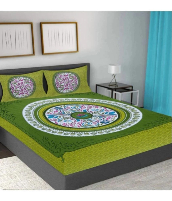 Frionkandy Cotton Floral Printed Double Bedsheet with 2 Pillow Covers - Green - Green