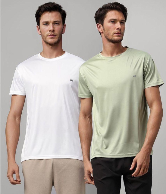 UrbanMark Polyester Regular Fit Solid Half Sleeves Mens T-Shirt - Olive & White ( Pack of 2 ) - None