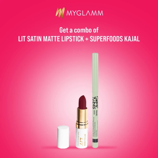 Combo of MyGlamm LIT Satin Matte Lipstick + Superfoods Kajal