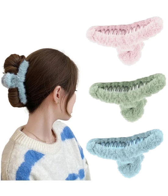 Lykaa Soft Faux Fleece Fur Large Hair Clutcher Hair Claw Clips Hair Accessories for Women- Pack of 3 - Multi