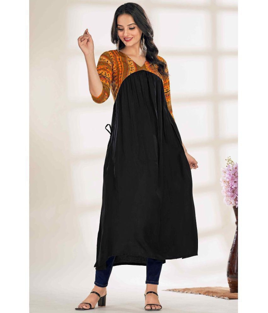 Glomee Rayon Printed Nayra Womens Kurti - Black ( Pack of 1 ) - None