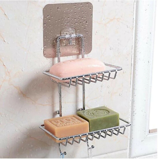 Stainless Steel Wall-Mounted 2-Layer Soap Dish with Hooks