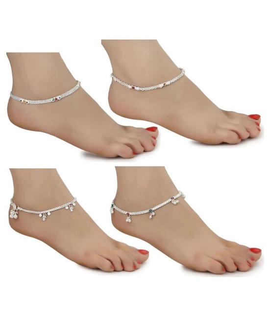 AanyaCentric White Metal Premium Alloy Artificial Payals Antique Stylish Latest Design Traditional Anklets in Silver Plating for Woman and Girl (Set of 4 Pairs) - Silver