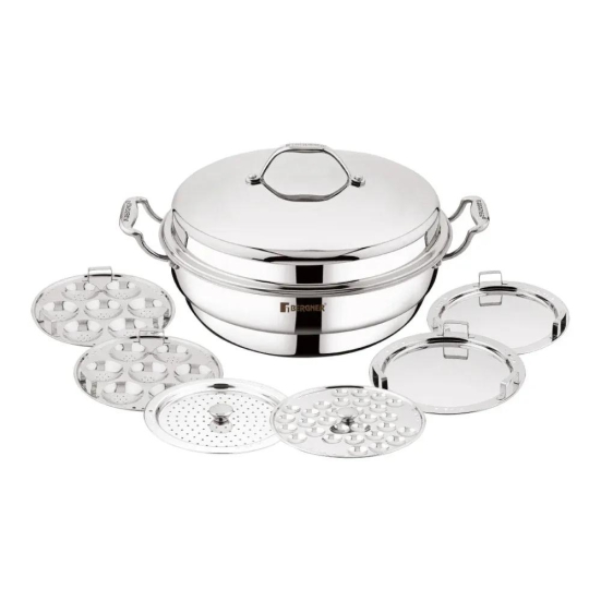 Bergner Argent Tri-Ply Multi Kadai with Lid and 6 Plates | Gas & Induction Compatible | Idli, Dhokla, Patra & Appam Plate