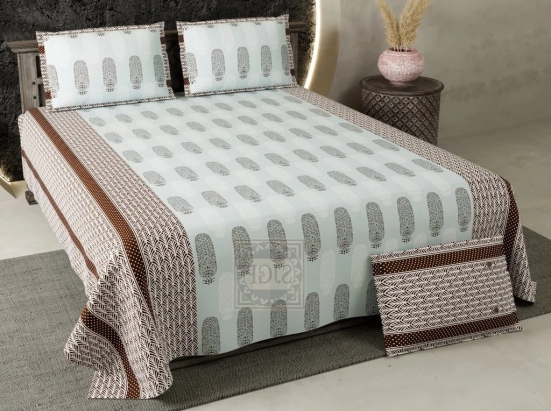 Bedsheet Adda-Super Mega King Size  King Size(108*108 in)-Pure Cotton Sanganeri Printed Jaipuri  Double Bedsheet With 2 Matching Pillow Covers-RJ-14-03-(108*108)-HT8472