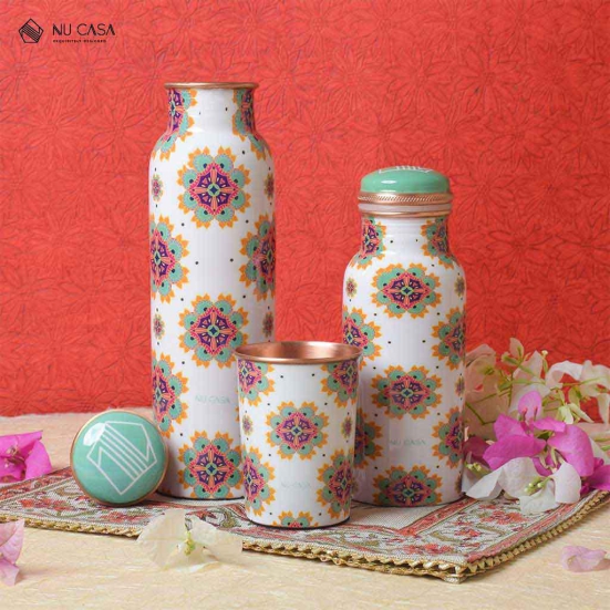 Festive White Print Copper Bottle - 2 Bottles and 1 Glass