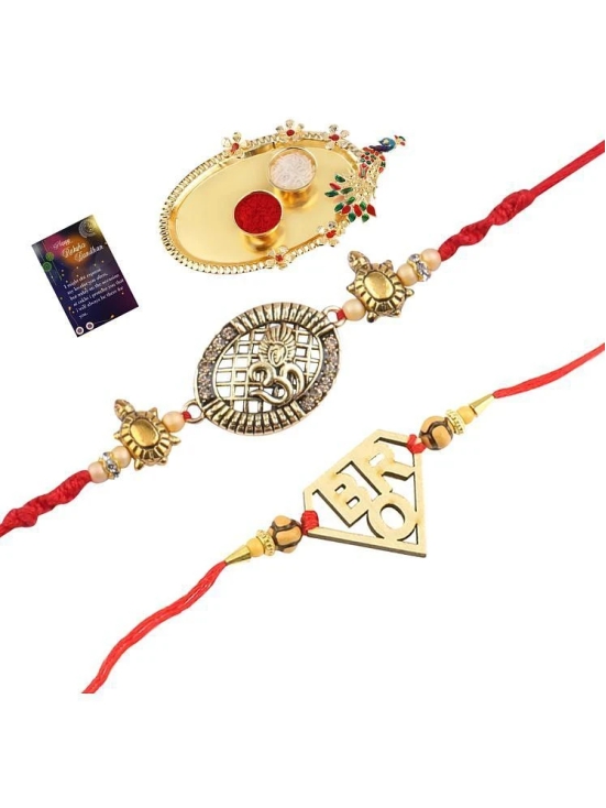 Stylish Bhaiya Rakhi  BRO Designer Pendent With Designer Look OM Rakhi Combo For Bhaiya With Roli Chawal And Greeting Card 1 Kankawati Pooja Thali - None