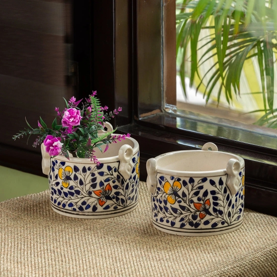 Indigo Vines Hand-painted Table Planter Pots In Ceramic (Set of 2)