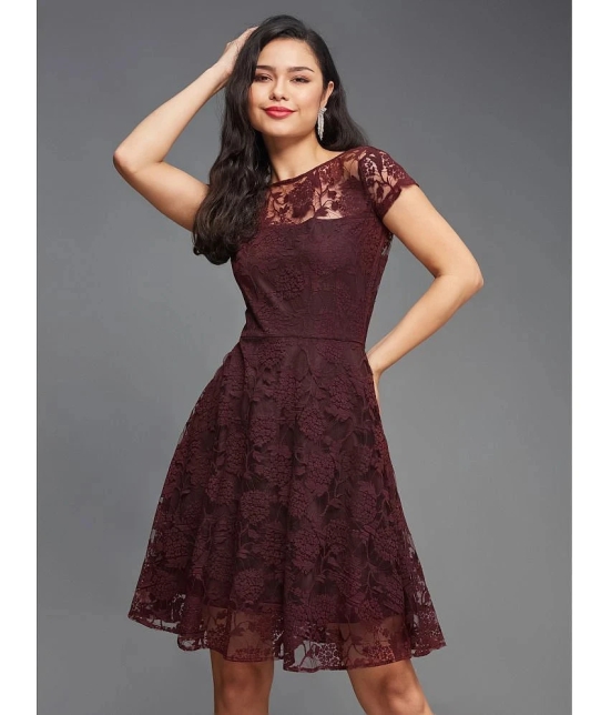 Miss Chase Polyester Self Design Knee Length Womens Skater Dress - Wine ( Pack of 1 ) - None