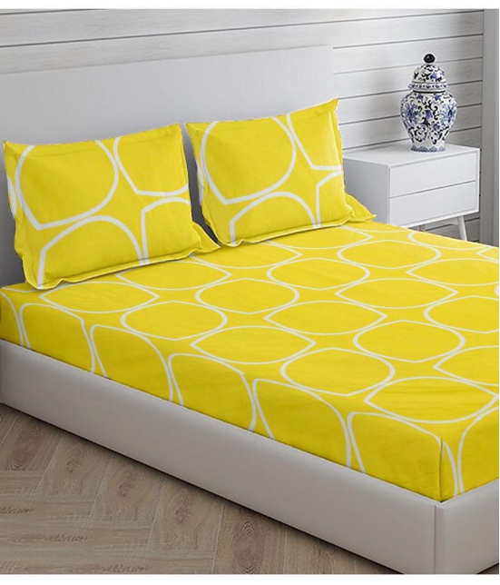 HOMETALES Microfiber Abstract Double Bedsheet with Two Pillow Covers -Navy - Yellow