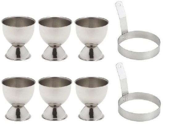 DYNAMIC STORE Stainless Steel Set of 2 Round Egg Ring with Handle small and Set of 6 Egg Cups