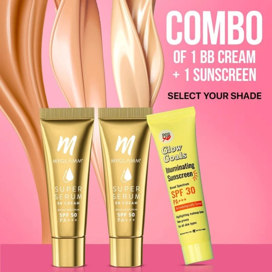 MyGlamm Super Serum BB cream 15g + POPxo Glow Goals Illuminating Sunscreen SPF 30 PA+++ 30g