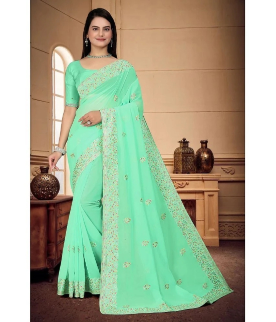 Om Shantam Sarees Georgette Embroidered Saree With Blouse Piece - Sea Green ( Pack of 1 ) - Sea Green