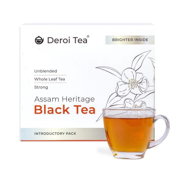 DEROI TEA Assam Heritage Black Tea | CARBON-FREE DRIED TEA | 100% Natural Whole Leaf | Assam Tea | 1Bud & 2 Leaves| Strong Flavour and Aroma - 100 gm - 100 gm - 100 gms whole leaf tea - 60 Cups